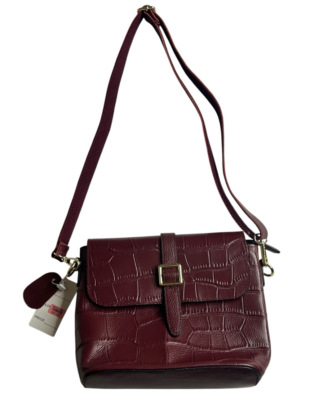 Leather Croc-Embossed Crossbody Burgundy Bag Gold Tone Buckle Detail NWT Preppy